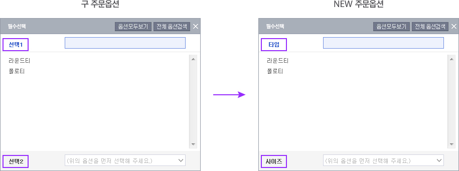 구 주문 옵션->NEW 주문옵션