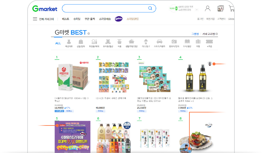 G마켓 PC BEST 영역 예시 화면 입니다.