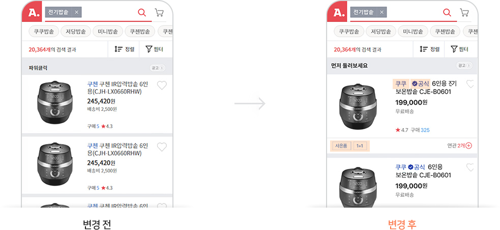옥션 변경 전, 변경 후 브랜드, 공식판매자, 구매혜택 항목이 개선된 예시 화면 입니다.