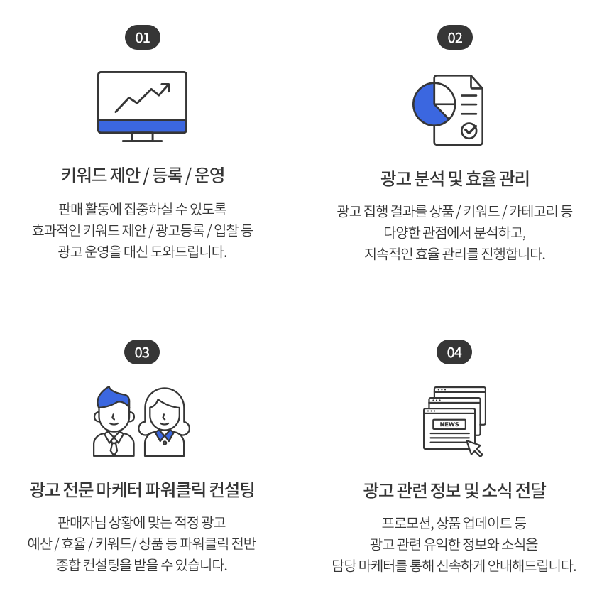 01. 키워드 제안 / 등록 / 운영 02. 광고 분석 및 효율 관리 03. 광고 전문 마케터 파워클릭 컨설팅 04. 광고 관련 정보 및 소식 전달