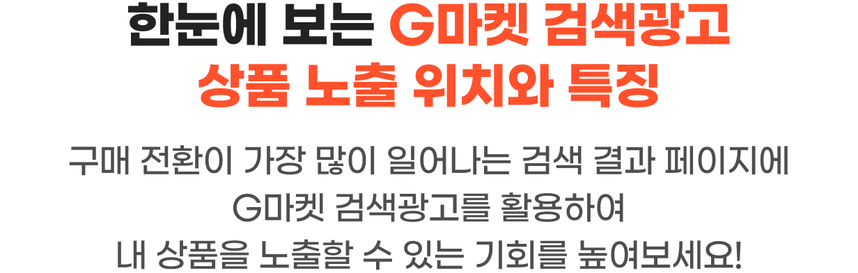 한눈에 보는 G마켓 검색광고 상품 노출 위치와 특징 구매 전환이 가장 많이 일어나는 검색 결과 페이지에 G마켓 검색광고를 활용하여 내 상품을 노출할 수 있는 기회를 높여보세요!
