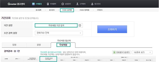 Gmarket 광고센터 > AI매출업 > 리포트(날짜별) 무료체험 탭 선택 확인하기